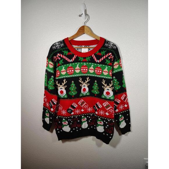 NWT  Christmas Ugly Sweater Large Black Let It Snow Holiday Gift Snow Man Rain D - Picture 1 of 8